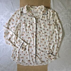 Loft Cream Ivory White Button Down Blouse Dog Pug Print Flowy Collar Size M